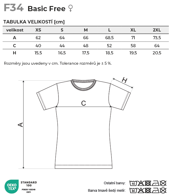 F34 Basic Free tričko dámské Tabulka velikostí